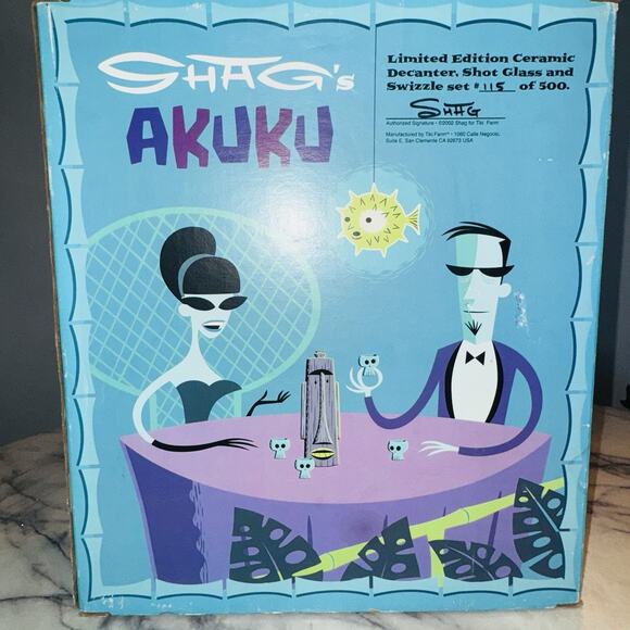 NEW Shag X Tiki Farm Decanter & 4 Skull Shot Set Akuku 2002 Mug Signed Numbered - Picture 13 of 15